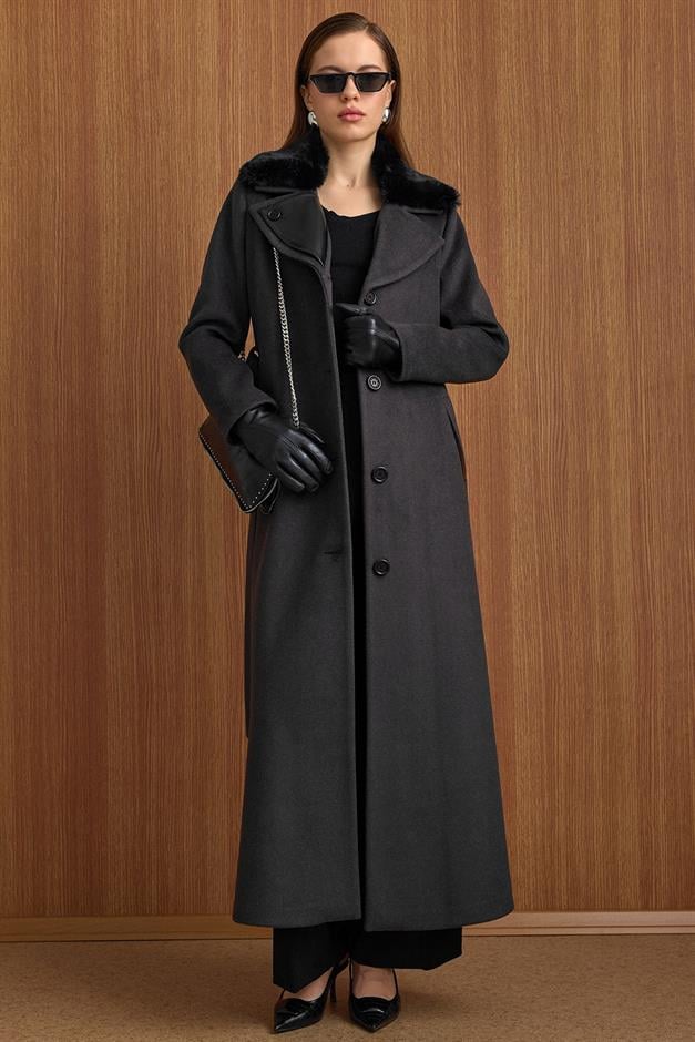 Çıkabilir Kürklü Deri Garnili Premium Kumaş Manto ANTRASİT 3153