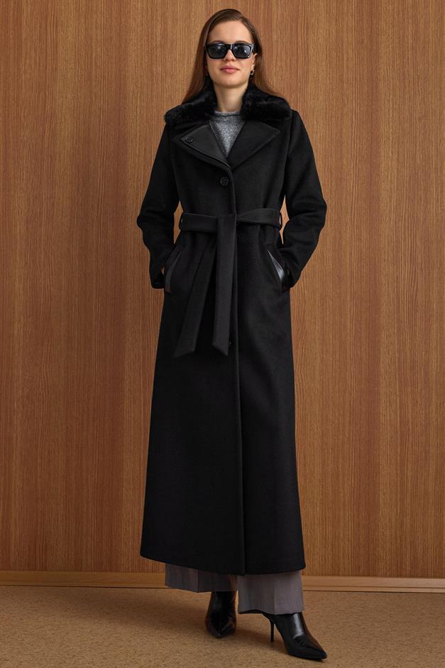 Çıkabilir Kürklü Deri Garnili Premium Kumaş Manto SİYAH 3153