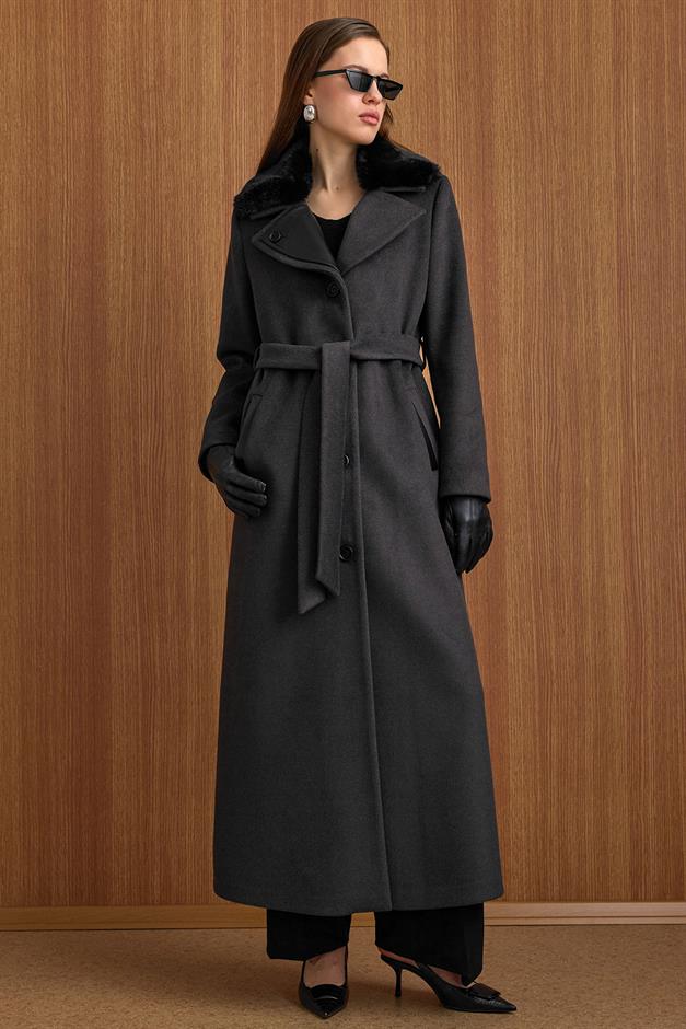 Çıkabilir Kürklü Deri Garnili Premium Kumaş Manto ANTRASİT 3153