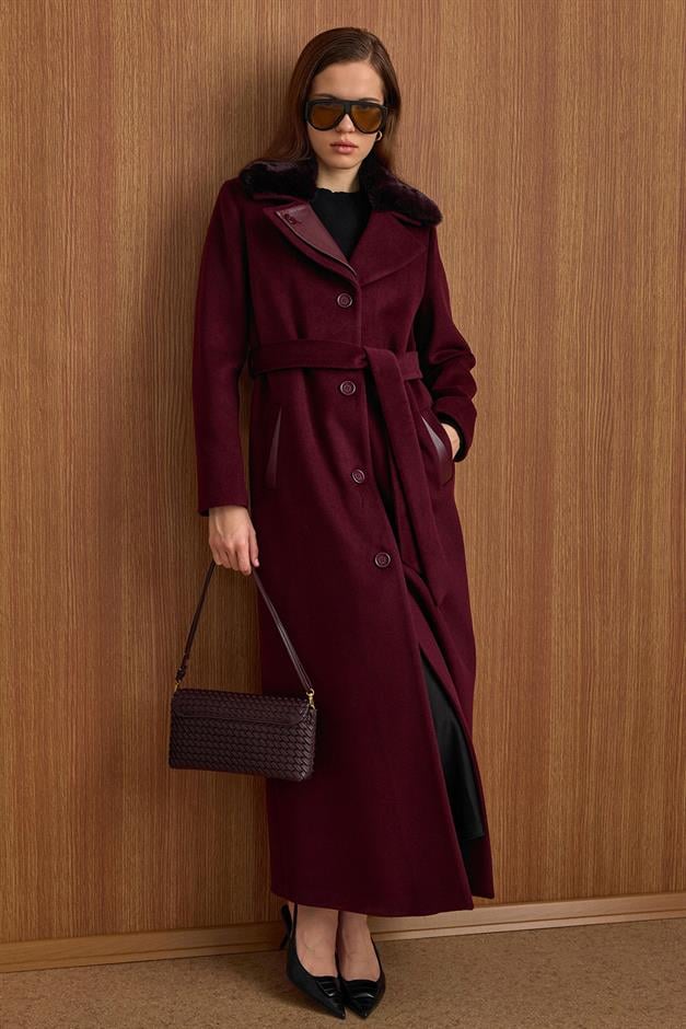 Çıkabilir Kürklü Deri Garnili Premium Kumaş Manto MÜRDÜM 3153