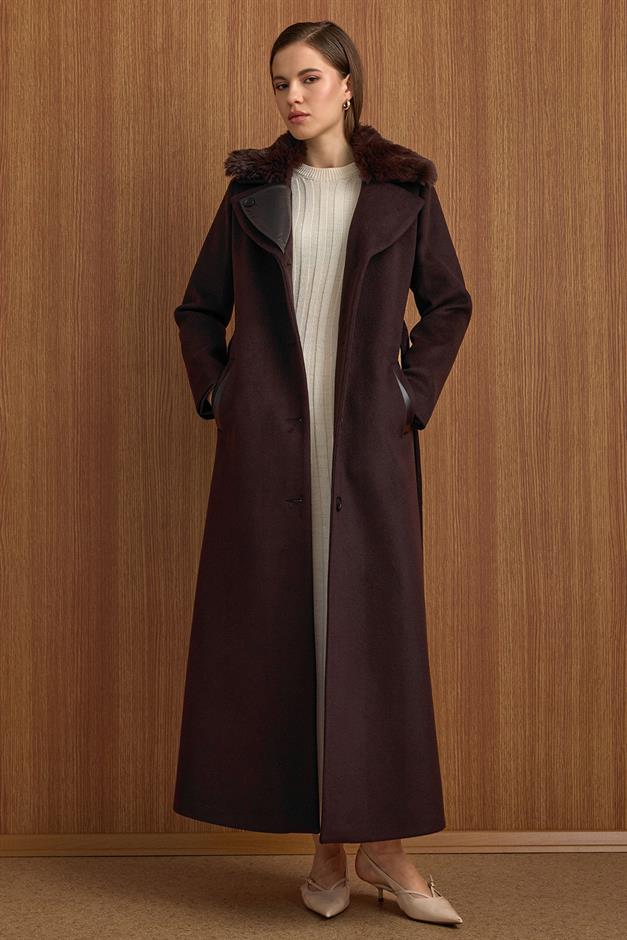 Çıkabilir Kürklü Deri Garnili Premium Kumaş Manto KAHVE 3153