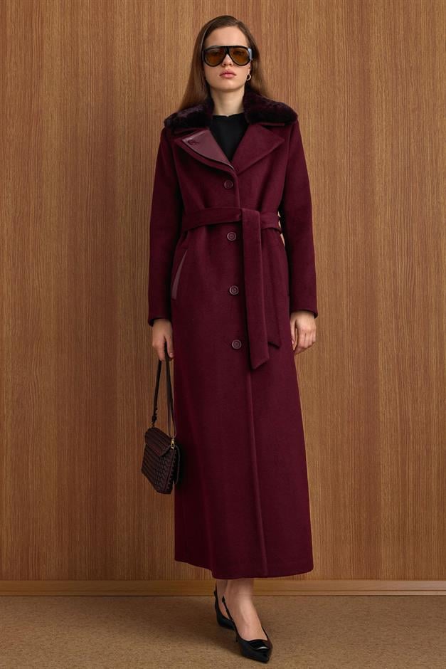 Çıkabilir Kürklü Deri Garnili Premium Kumaş Manto MÜRDÜM 3153