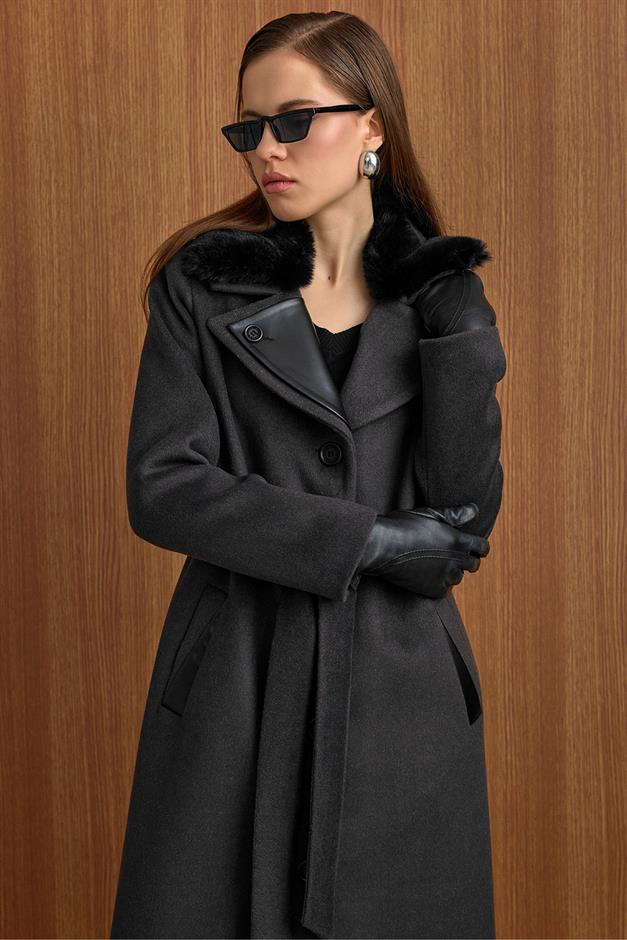Çıkabilir Kürklü Deri Garnili Premium Kumaş Manto ANTRASİT 3153