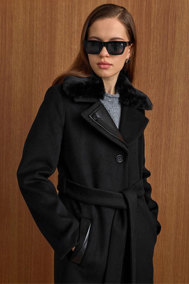 Çıkabilir Kürklü Deri Garnili Premium Kumaş Manto SİYAH 3153