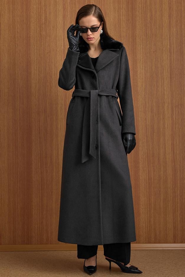 Çıkabilir Kürklü Deri Garnili Premium Kumaş Manto ANTRASİT 3153