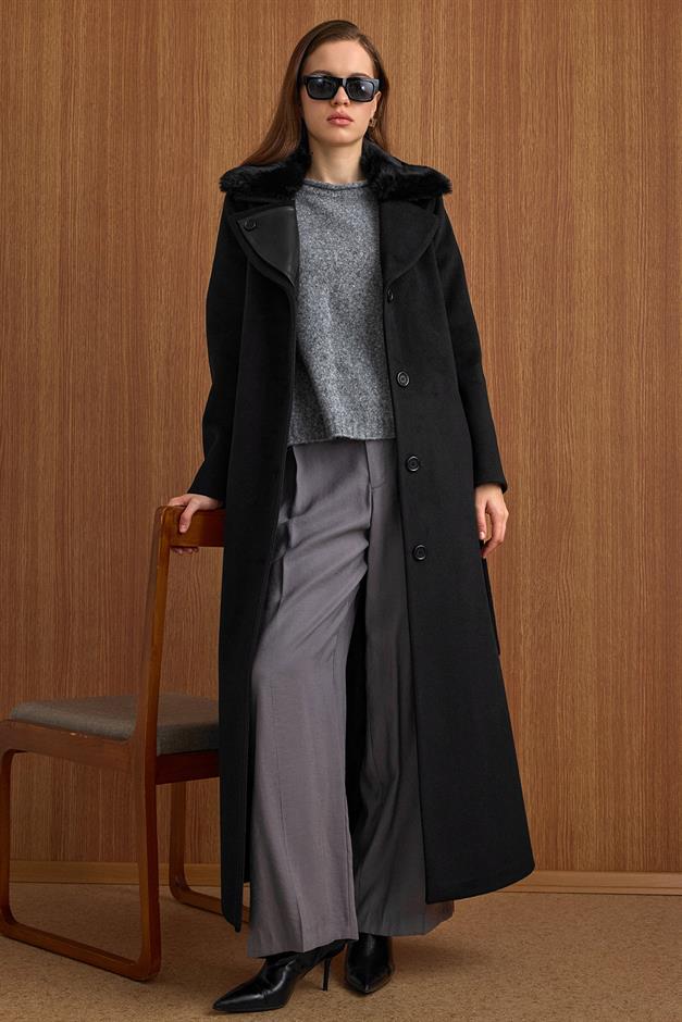 Çıkabilir Kürklü Deri Garnili Premium Kumaş Manto SİYAH 3153
