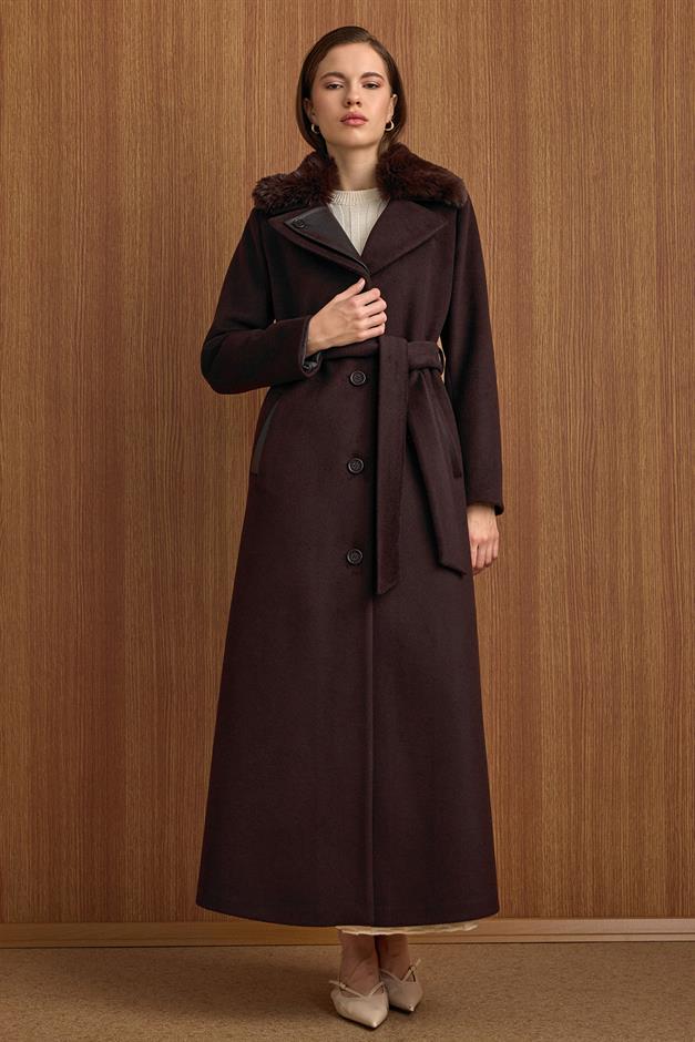 Çıkabilir Kürklü Deri Garnili Premium Kumaş Manto KAHVE 3153