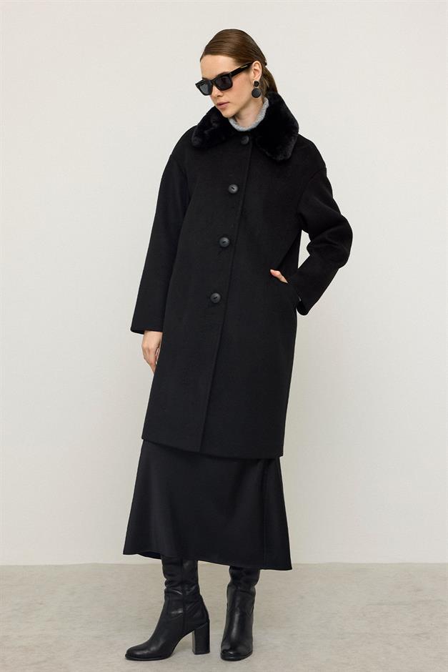 Detachable Furry Low Sleeve Plus Size Coat BLACK 3089