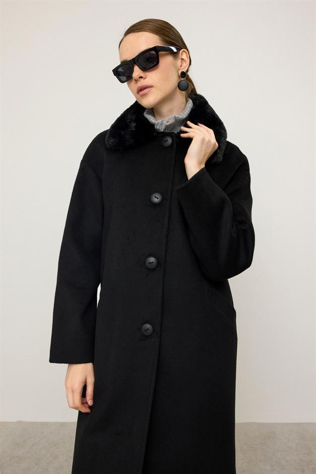 Detachable Furry Low Sleeve Plus Size Coat BLACK 3089