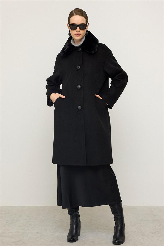 Detachable Furry Low Sleeve Plus Size Coat BLACK 3089