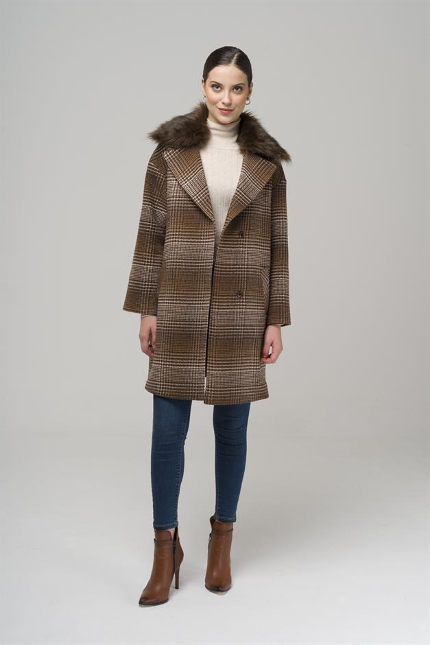 Detachable Furry Low Sleeve Snap Closure Oversize Plaid Coat COFFEE 3953
