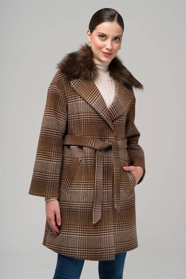 Detachable Furry Low Sleeve Snap Closure Oversize Plaid Coat COFFEE 3953