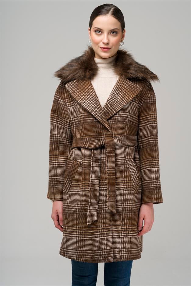 Detachable Furry Low Sleeve Snap Closure Oversize Plaid Coat COFFEE 3953