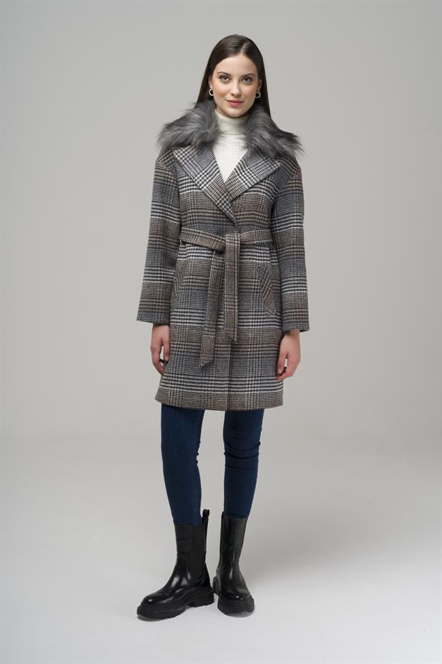 Detachable Furry Low Sleeve Snap Closure Oversize Plaid Coat GREY 3953