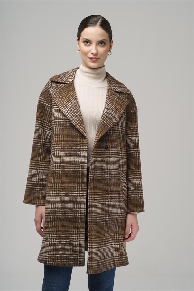Detachable Furry Low Sleeve Snap Closure Oversize Plaid Coat COFFEE 3953