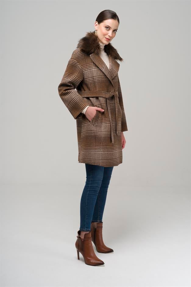 Detachable Furry Low Sleeve Snap Closure Oversize Plaid Coat COFFEE 3953