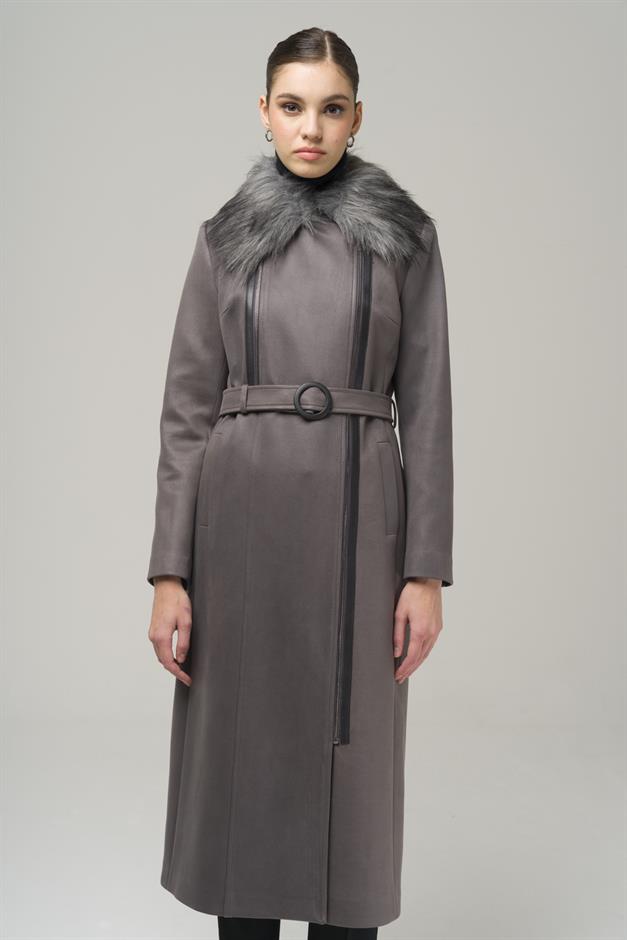 Double-breasted Gabardine Suede-Look Coat with Removable Fur Zipper Closure GREY 6503