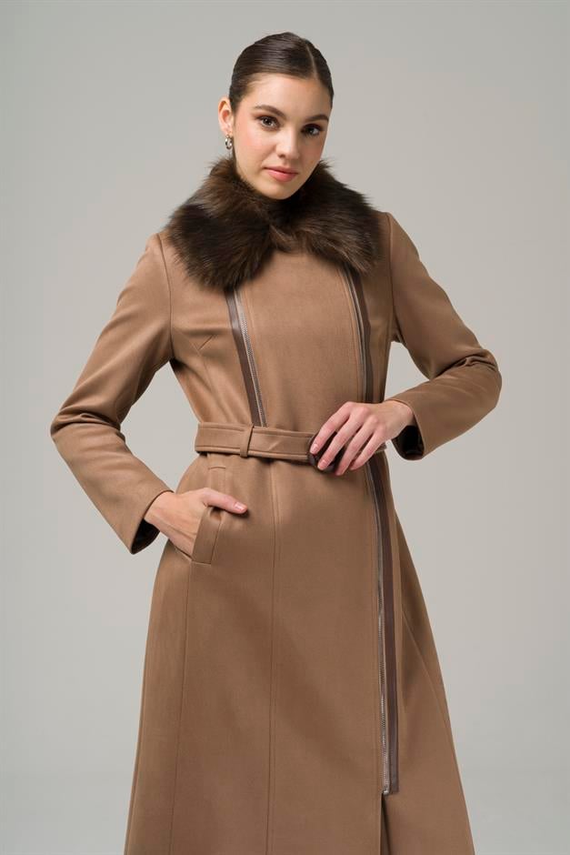 Double-breasted Gabardine Suede-Look Coat with Removable Fur Zipper Closure K. KAMEL 6503