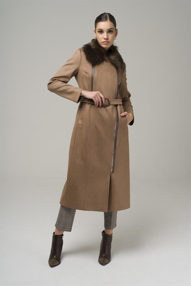 Double-breasted Gabardine Suede-Look Coat with Removable Fur Zipper Closure K. KAMEL 6503