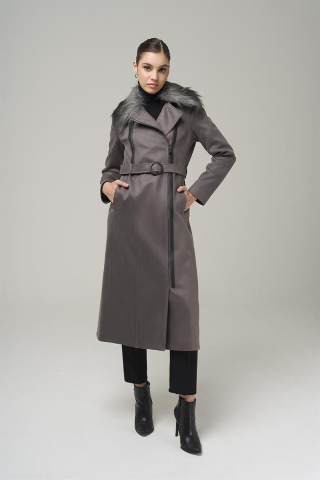 Double-breasted Gabardine Suede-Look Coat with Removable Fur Zipper Closure GREY 6503