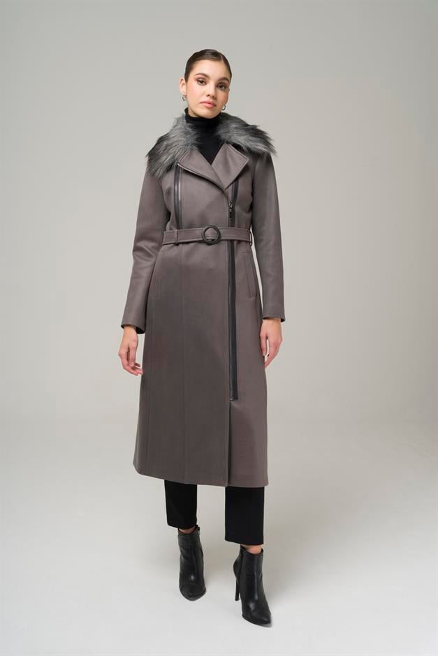 Double-breasted Gabardine Suede-Look Coat with Removable Fur Zipper Closure GREY 6503