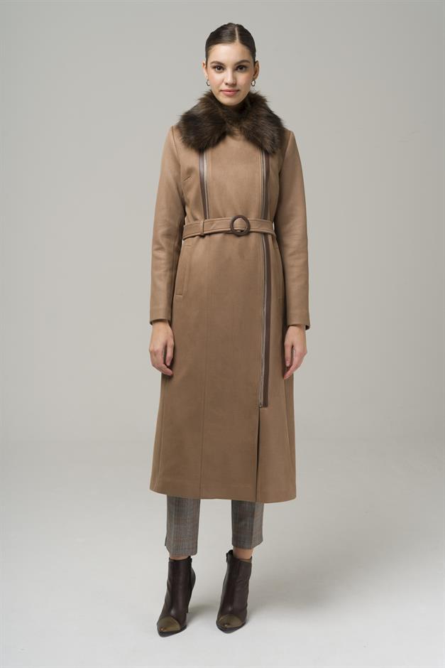 Double-breasted Gabardine Suede-Look Coat with Removable Fur Zipper Closure K. KAMEL 6503