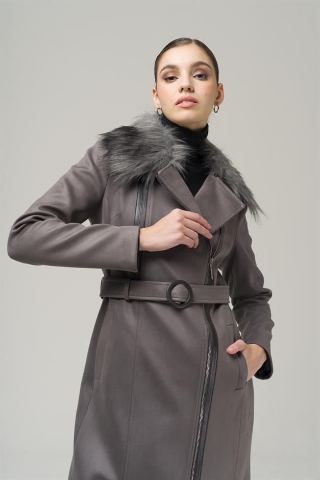 Double-breasted Gabardine Suede-Look Coat with Removable Fur Zipper Closure GREY 6503