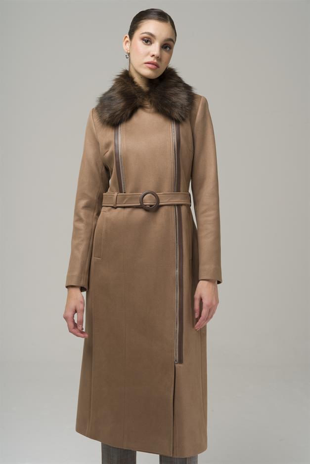 Double-breasted Gabardine Suede-Look Coat with Removable Fur Zipper Closure K. KAMEL 6503