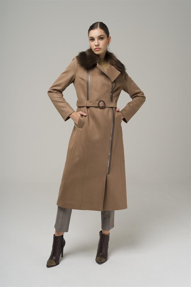 Double-breasted Gabardine Suede-Look Coat with Removable Fur Zipper Closure K. KAMEL 6503