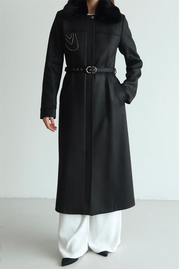 Çıkabilir Kürklü İşleme Detaylı Gabardin Süet Görünümlü Kap SİYAH 6805