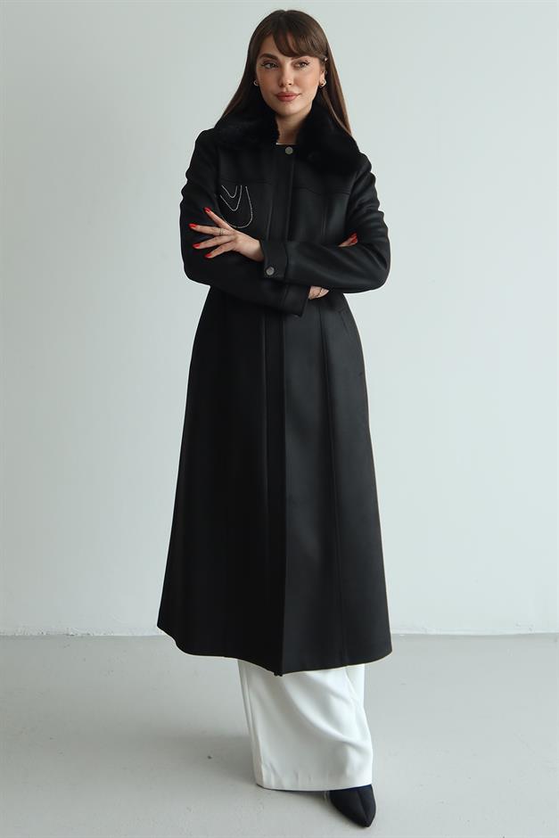 Çıkabilir Kürklü İşleme Detaylı Gabardin Süet Görünümlü Kap SİYAH 6805