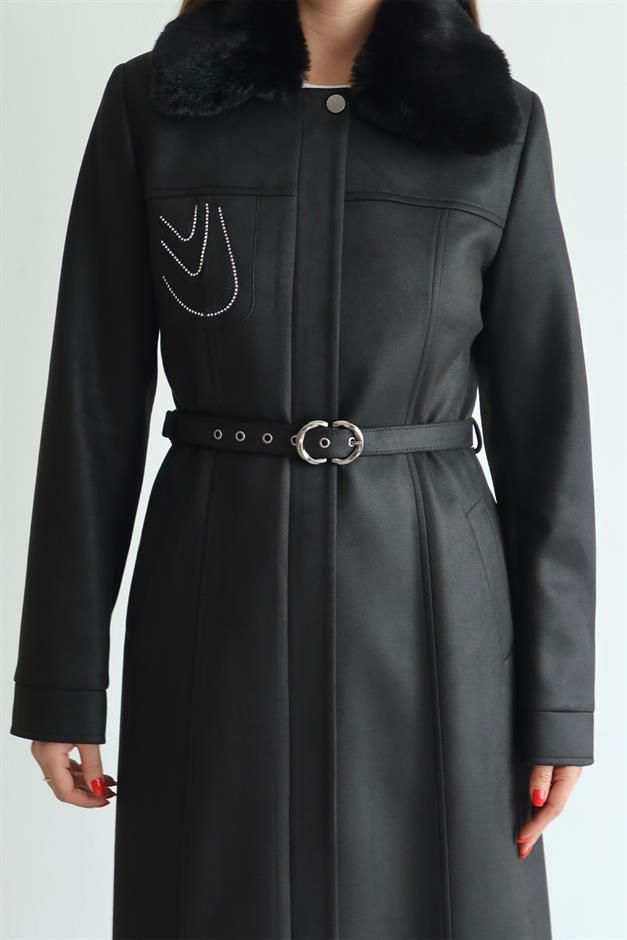 Çıkabilir Kürklü İşleme Detaylı Gabardin Süet Görünümlü Kap SİYAH 6805