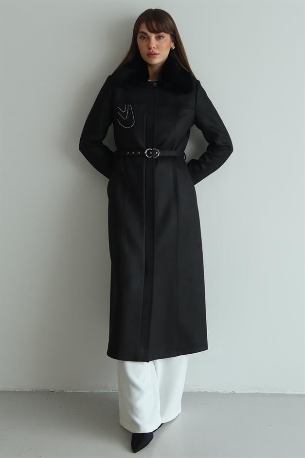 Çıkabilir Kürklü İşleme Detaylı Gabardin Süet Görünümlü Kap SİYAH 6805