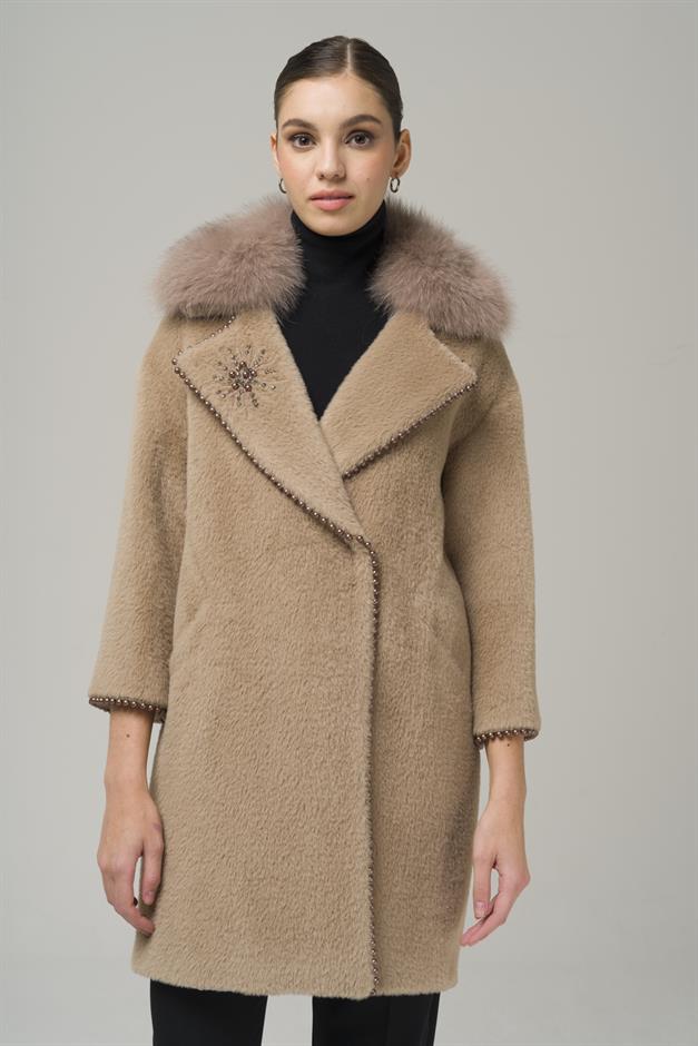 Removable Plush Coat with Fur Embroidery and Pearl Details VIZON 3959-TK