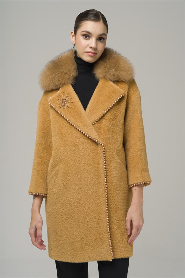 Removable Plush Coat with Fur Embroidery and Pearl Details CAMEL 3959-TK