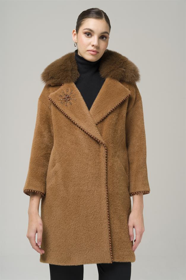 Removable Plush Coat with Fur Embroidery and Pearl Details CAMEL 3959-TK