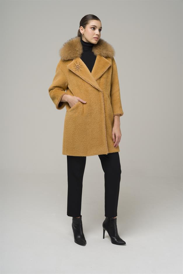 Removable Plush Coat with Fur Embroidery and Pearl Details CAMEL 3959-TK