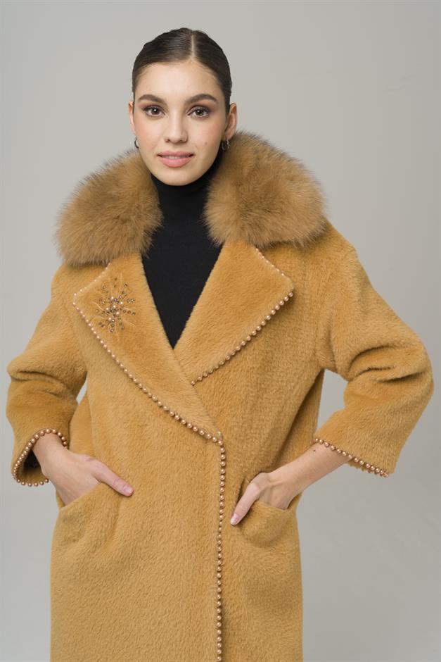 Removable Plush Coat with Fur Embroidery and Pearl Details CAMEL 3959-TK
