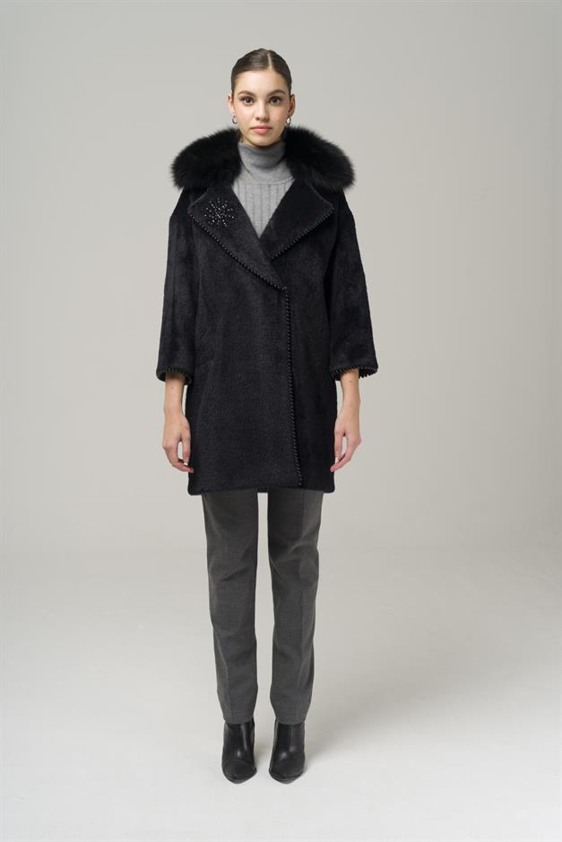Removable Plush Coat with Fur Embroidery and Pearl Details BLACK 3959-TK