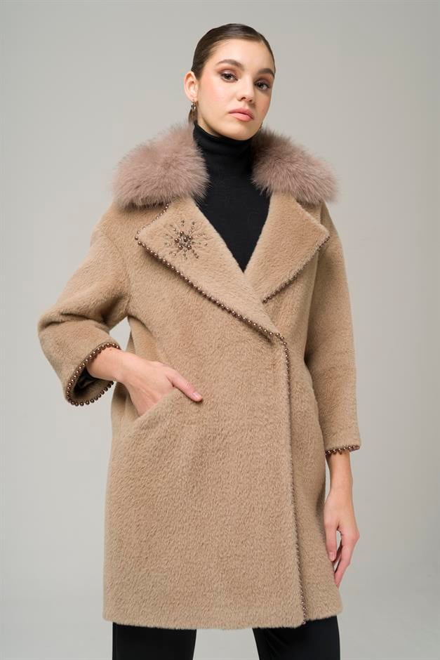 Removable Plush Coat with Fur Embroidery and Pearl Details VIZON 3959-TK