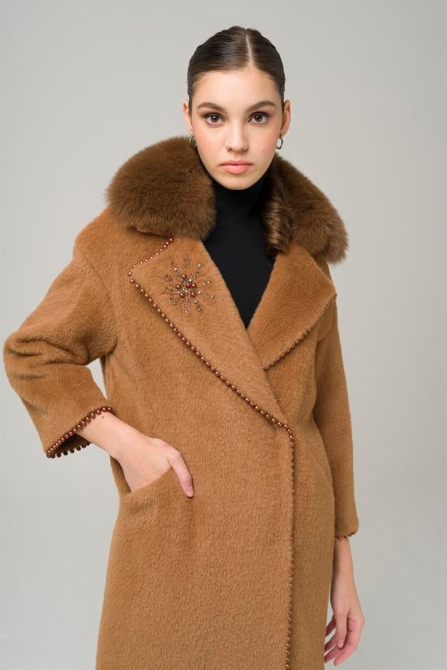 Removable Plush Coat with Fur Embroidery and Pearl Details CAMEL 3959-TK