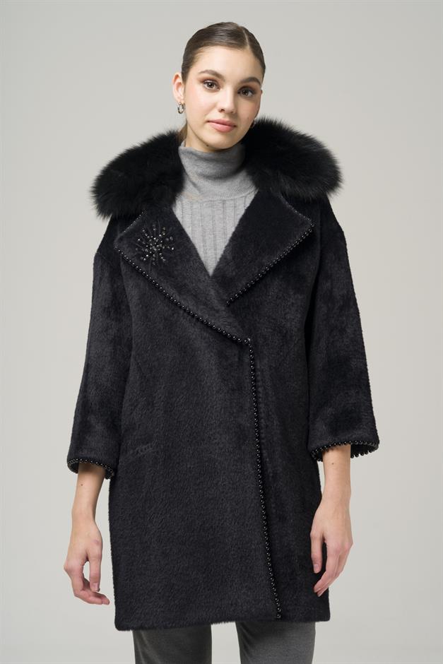 Removable Plush Coat with Fur Embroidery and Pearl Details BLACK 3959-TK