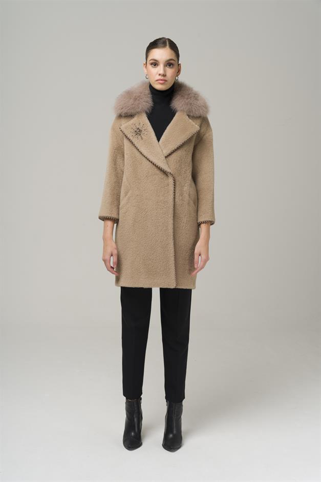 Removable Plush Coat with Fur Embroidery and Pearl Details VIZON 3959-TK