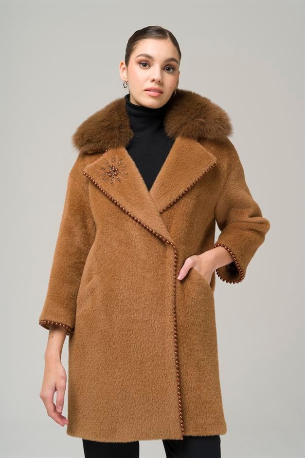 Removable Plush Coat with Fur Embroidery and Pearl Details CAMEL 3959-TK