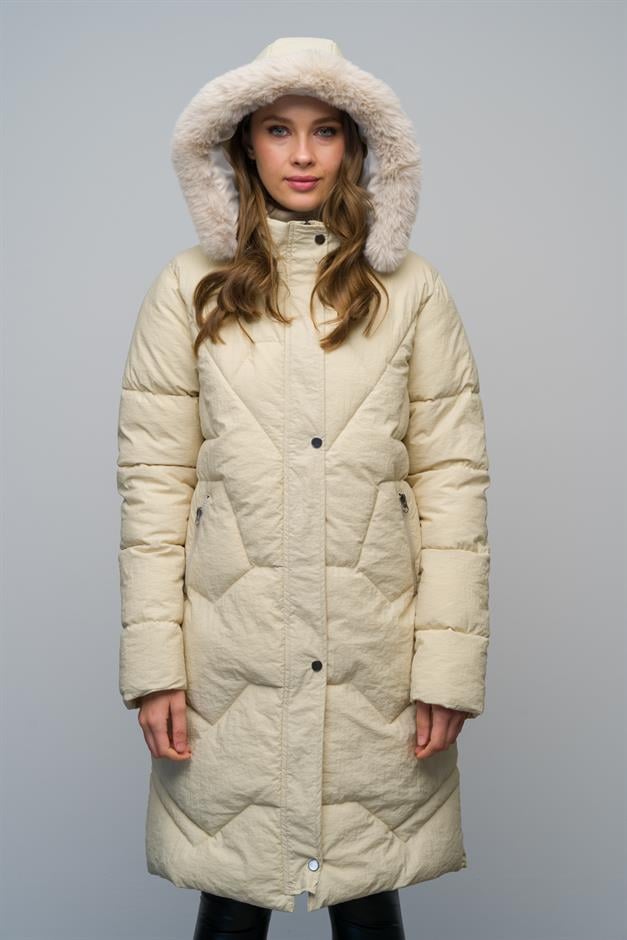 معطف مبطن منقوش بغطاء رأس من الفرو قابل للإزالة يفعل 6620