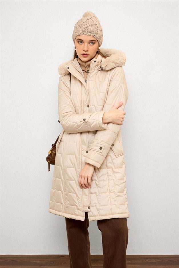 معطف مبطن بغطاء رأس وسحاب من الفرو القابل للإزالة حجر 6779