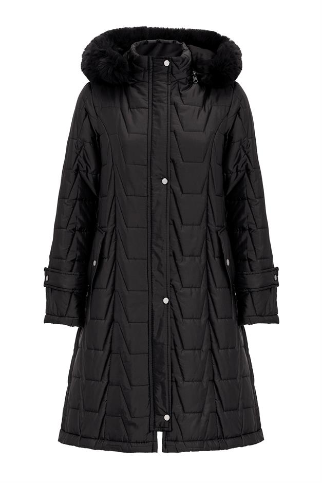 معطف مبطن بغطاء رأس وسحاب من الفرو القابل للإزالة أسود 6779