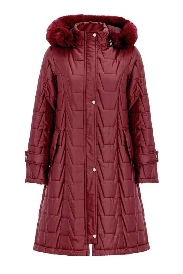 معطف مبطن بغطاء رأس وسحاب من الفرو القابل للإزالة حافة 6779