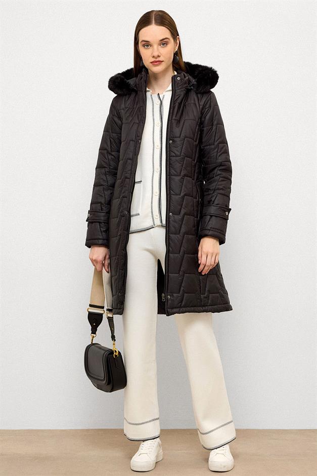 معطف مبطن بغطاء رأس وسحاب من الفرو القابل للإزالة أسود 6779