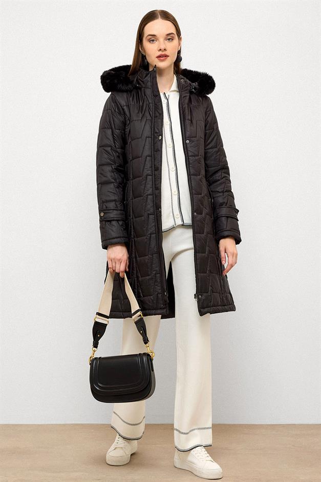 معطف مبطن بغطاء رأس وسحاب من الفرو القابل للإزالة أسود 6779